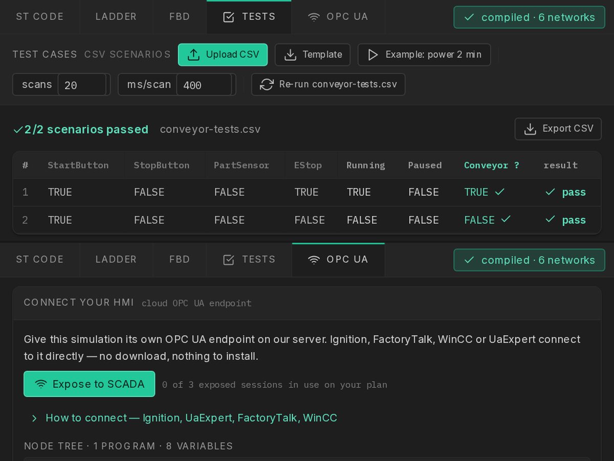 The Tests tab with a passing scenario, beside the Connect your HMI panel with the OPC UA endpoint.